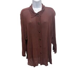URU Womens XL Silk Crinkle Button Down Blouse Chocolate Brown Lagenlook USA